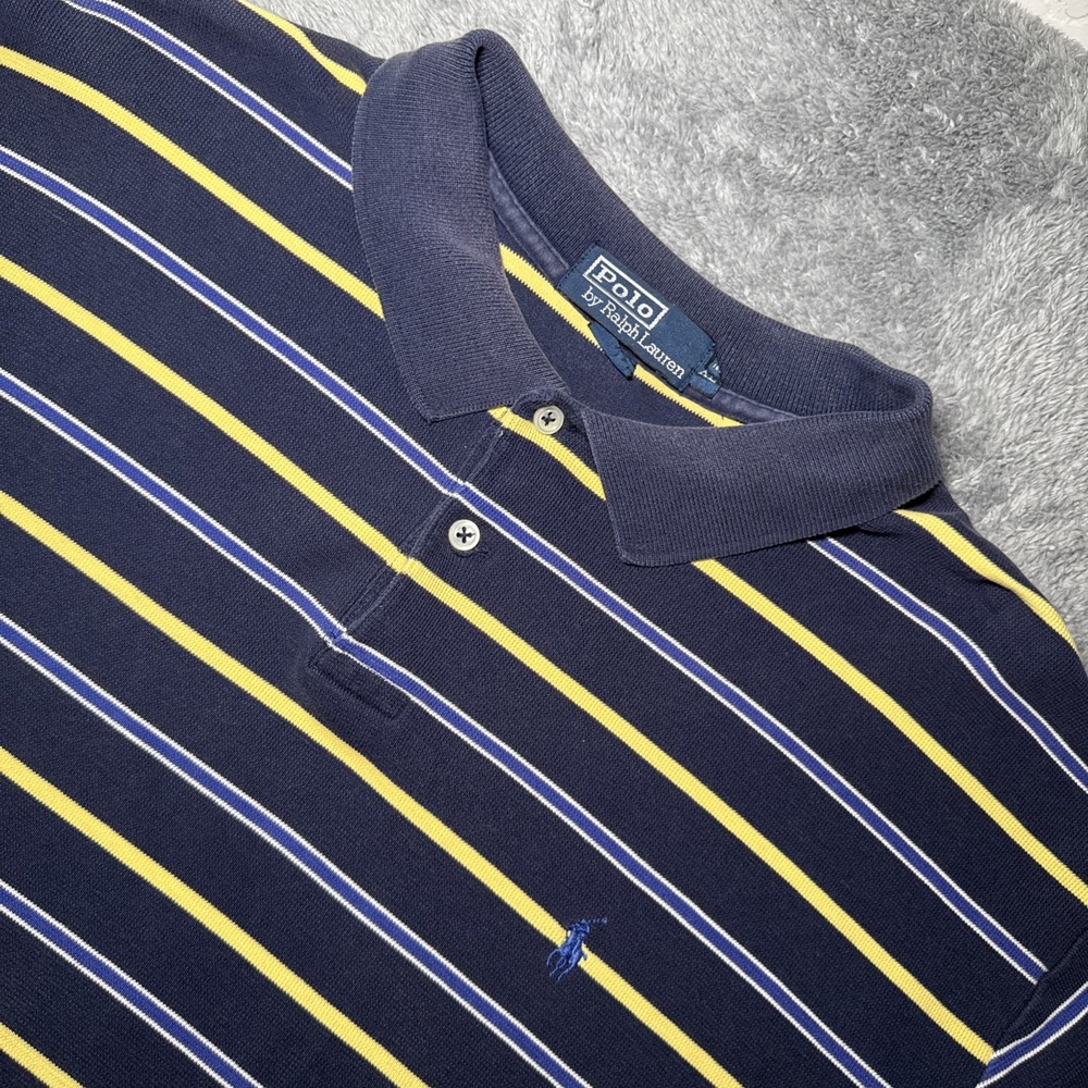 VTG 90s Polo Ralph Lauren Men's XL Blue & Yellow Striped Short Sleeve Shirt